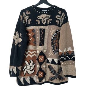 Vintage Sigrid Olsen Fall Leaves 3D Knit Sweater Black Tan Large Cottagecore